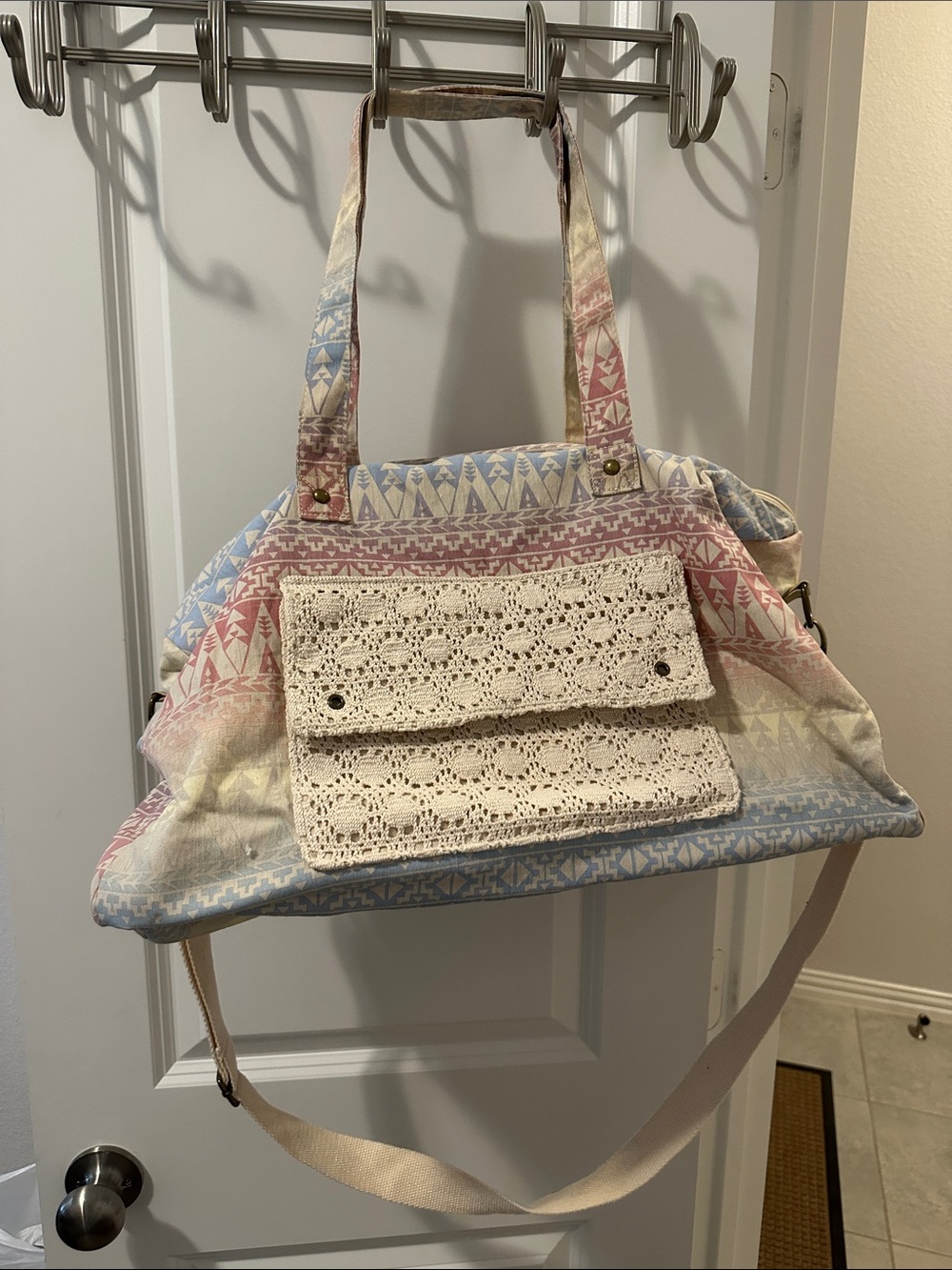 Boho Crochet Accent Canvas Tote Bag in Pastel Multi